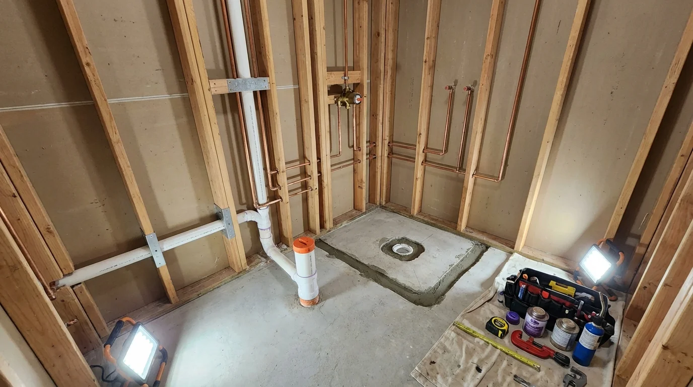 Bathroom rough-in plumbing during remodel by Johns Plumbing LLC in Helena