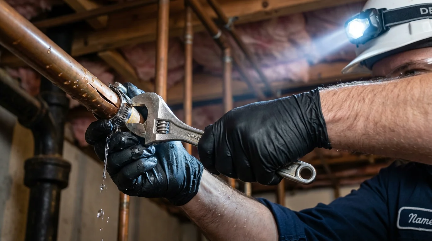Emergency pipe clamp repair being performed by a Johns Plumbing LLC plumber in Helena