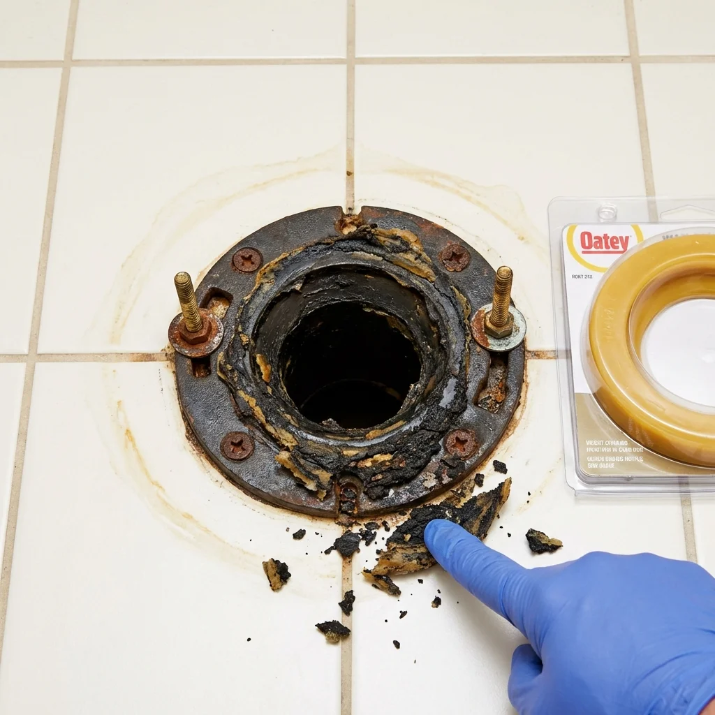 Failed wax ring showing water seepage at the base of a toilet in a Helena, OK home
