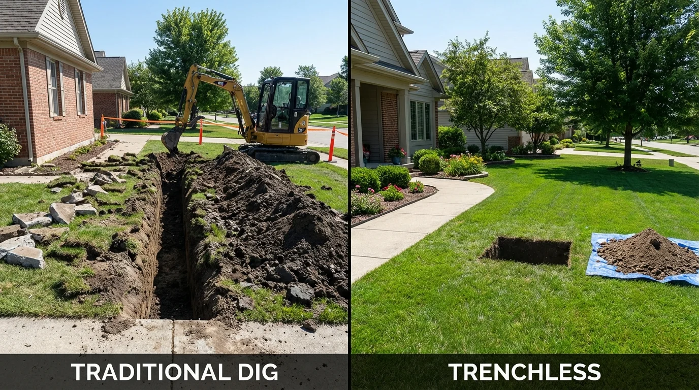 Trenchless sewer repair with minimal yard damage versus traditional excavation in Helena, OK