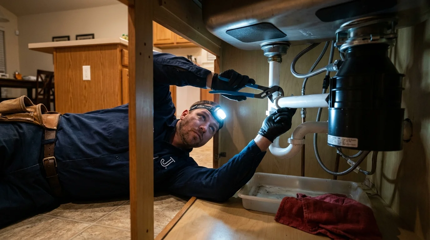 P-trap and supply line connections under a kitchen sink showing a common leak point in Helena, OK